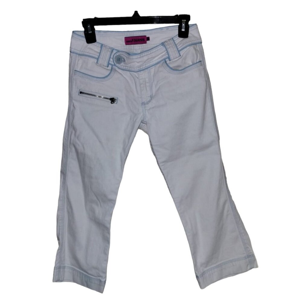 MISS VIGOSS The Collection carpi white trimmed in blue 100% cotton pants 7/8